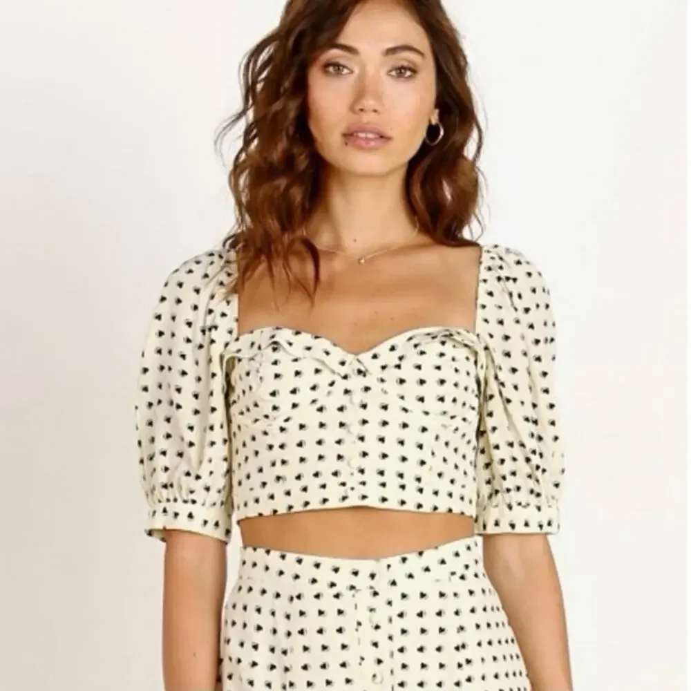 For Love & Lemons Sweetheart Crop Top Creme Heart Print Puff Sleeve Bustier Sz M